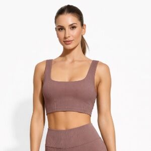 GLYDER Ribbed Crop Top Sports Bra Taupe Size Small